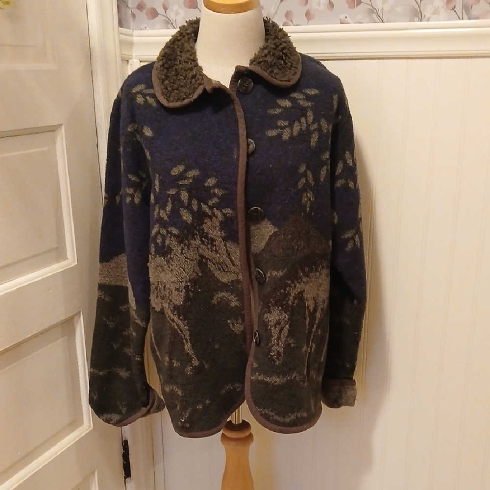 Women's Vinatge Cedar Canyon Wool Blend Horse Blue and Brown Jacket